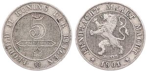 Belgium, Kingdom, Leopold II, 5 Centimes Copper-Nickel 1901FL, Rampant lion within circle left, Morin 253, VARIETY : 5 BETWEEN N & I FROM KONING, VF