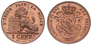 Belgium, Kingdom, Leopold II, 1 Centime Copper 1907/807FR, Seated lion with tablet, Morin 234a, UNC