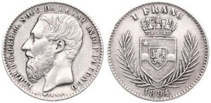 Congo Free State, Royal Domain, Leopold II, 1 Franc Silver 1894, Bearded head left, KM 6, VF