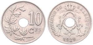 Belgium, Kingdom, Albert I, 10 Centimes Copper-Nickel 1920FR, Center hole within crowned monogram, Morin 337a, VARIETY WITH INCOMPLETE DASH BELOW CES, VF