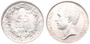 Belgium, Kingdom, Albert I, 50 Centimes Silver 1914FR, Head left, Morin 304, SCARCE KEY DATE & VARIETY WITH LARGE N IN CENTS, A.UNC