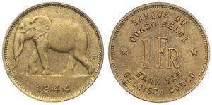 Belgian Congo, Colony, Leopold III, 1 Franc Brass 1944, African Elephant left, KM 26, XF