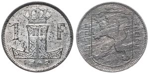 Belgium, Kingdom, Leopold III, 1 Franc Zinc 1942FR/FL, Rampant lion on shield, Morin 477, UNC