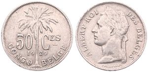 Belgian Congo, Colony, Albert I, 50 Centimes Copper-Nickel 1929/20, Laureate head of the King left, KM 22 French Legend, SCARCE OVERSTRIKE, VF