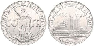 Belgium, Kingdom, Leopold III, 50 Francs Silver 1935FR (Position A), 100th Anniversary of Belgian Railways & World Exhibition in Brussels, Morin 442c, MEDAL ALIGNMENT !, XF