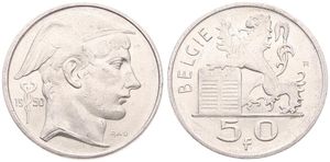 Belgium, Kingdom, Prince Charles, 50 Francs Silver 1950FL, Helmeted head of Mercurius right, Morin 512, XF/AU