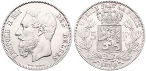 Belgium, Kingdom, Leopold II, 5 Francs Silver 1870, Bearded head left, Morin 157, XF