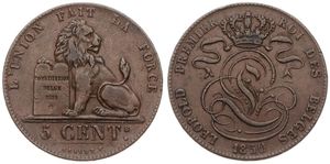 Belgium, Kingdom, Leopold I, 5 Centimes Copper 1850, Seated lion with tablet, Morin 77, LARGE 0 IN DATE, VF