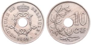 Belgium, Kingdom, Leopold II, 10 Centimes Copper-Nickel 1901FR, Center hole within crowned monogram, Morin 257, SCARCE KEY DATE, A.UNC