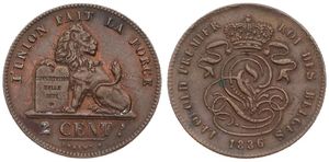 Belgium, Kingdom, Leopold I, 2 Centimes Copper 1836, Seated lion with tablet, Morin 90f, VARIETY WITH INCOMPLETE T IN CENT - ON DUTCH CENT !, XF 
