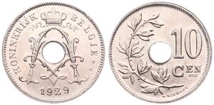 Belgium, Kingdom, Albert I, 10 Centimes Copper-Nickel 1929FL, Center hole within crowned monogram, Morin 352, UNC