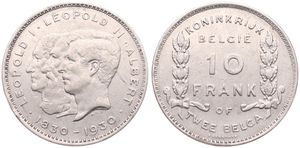 Belgium, Kingdom, Albert I, 10 Francs (2 Belgas) Nickel 1930FL (Position A), 100th Anniversary of Belgian Independence, Morin 381a, A.XF