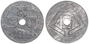 Belgium, Kingdom, Leopold III, 10 Centimes Zinc 1942FL/FR, Center hole within crowned monogram, Morin 492, UNC