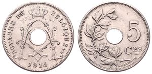 Belgium, Kingdom, Albert I, 5 Centimes Copper-Nickel 1914FR, Center hole within crowned monogram, Morin 356, KEY DATE, UNC