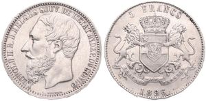 Congo Free State, Royal Domain, Leopold II, 5 Francs Silver 1896/4, Bearded head left, KM 8.1, RARE, VF/XF