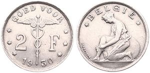 Belgium, Kingdom, Albert I, 2 Francs Nickel 1930/20FL, Kneeling woman left, Morin 395a, SCARCE DATE & OVERSTRIKE, VF