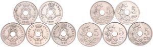 Belgium, Kingdom, Leopold II, Good lot with 5 different 5 Centimes copper-nickel coins in nice grades including scarcer dates..