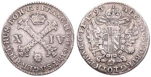 Austrian Netherlands, Franz II, 14 Liards Silver 1793(b), Burgundian cross divides value / Crowned imperial double eagle, KM 59 Brussels, VF