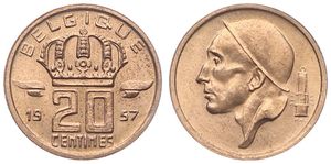 Belgium, Kingdom, Baudouin I, 20 Centimes Bronze 1957FR, Helmeted mine worker left, Morin 729, UNC !