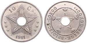 Belgian Congo, Colony, Albert I, 10 Centimes Copper-Nickel 1911, Center hole flanked by crowned monograms within beaded circle, KM 18, UNC