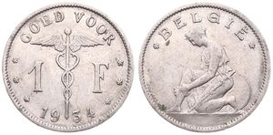 Belgium, Kingdom, Albert I, 1 Franc Nickel 1934FL, Kneeling woman left, Morin 409, SCARCE VARIETY WITH DOUBLE 3 IN DATE !, VF