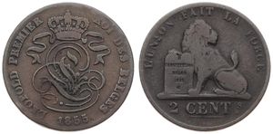 Belgium, Kingdom, Leopold I, 2 Centimes Copper 1855, Seated lion with tablet, Morin 103, VERY RARE DATE !, Fine