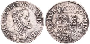 Spanish Netherlands, Philip II, 1/5 Filipsdaalder Silver 1566, Bust right / Crowned arms on cross, VH 271.AN - Antwerp, VF