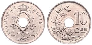 Belgium, Kingdom, Albert I, 10 Centimes Copper-Nickel 1926FL, Center hole within crowned monogram, Morin 346, UNC