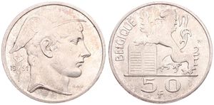 Belgium, Kingdom, Prince Charles, 50 Francs Silver 1951FR, Helmeted head of Mercurius right, Morin 514, XF/AU