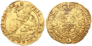 Spanish Netherlands, Philip IV, 1 Soeverein Gold 1659, Crowned rampant lion left holding sword / Crowned arms & golden fleece, VH 638.TO - Tournai, SCARCE, VF (*)