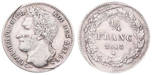 Belgium, Kingdom, Leopold I, 1/4 Franc Silver 1843, Laureate head left, Morin 37, RARE KEY DATE, XF
