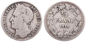 Belgium, Kingdom, Leopold I, 1/2 Franc Silver 1838, Laureate head left, Morin 31, SCARCE DATE, Fine