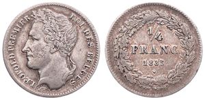 Belgium, Kingdom, Leopold I, 1/4 Franc Silver 1835, Laureate head left, Morin 36, VF/XF