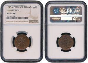 Austrian Netherlands, Insurrection Coinage, 1 Liard Copper 1790(b), Rampant lion right holding staff / Legend in 6 lines, KM 44 Brussels, NGC Graded MS 62 BN