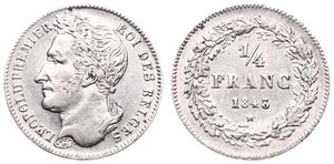 Belgium, Kingdom, Leopold I, 1/4 Franc Silver 1843, Laureate head left, Morin 37, RARE KEY DATE, XF