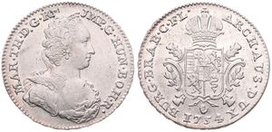 Austrian Netherlands, Maria Theresia, 1/2 Ducaton Silver 1754(h) R, Bust right with décolletage / Crowned ornate arms, KM 7 - Antwerp, VF/XF