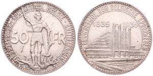 Belgium, Kingdom, Leopold III, 50 Francs Silver 1935FL (Position B), 100th Anniversary of Belgian Railways & World Exhibition in Brussels, Morin 443b, XF/AU