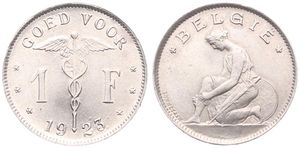 Belgium, Kingdom, Albert I, 1 Franc Nickel 1923FL, Kneeling woman left, Morin 399, UNC