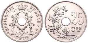 Belgium, Kingdom, Albert I, 25 Centimes Copper-Nickel 1910FL, Center hole within crowned monogram, Morin 320, UNC (coin has been varnished)