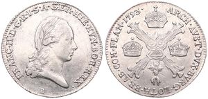 Austrian Netherlands, Franz II, 1/4 Kronenthaler Silver 1793B, Laureate head right / Floriated cross with 3 crowns & Golden Fleece, KM 60 Kremnitz, VF
