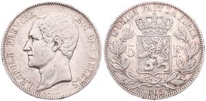 Belgium, Kingdom, Leopold I, 5 Francs Silver 1865, Bare head left, Morin 45b, VARIETY WITH DOT AFTER F, A.VF