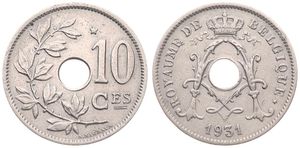 Belgium, Kingdom, Albert I, 10 Centimes Nickel-Brass 1931FR, Center hole within crowned monogram, Morin 426b, VF