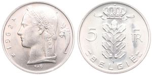 Belgium, Kingdom, Baudouin I, 5 Francs Copper-Nickel 1962FL, Head of Ceres left, Morin 557, UNC !