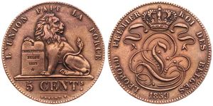 Belgium, Kingdom, Leopold I, 5 Centimes Copper 1859, Seated lion with tablet, Morin 85, A.XF (cleaned)