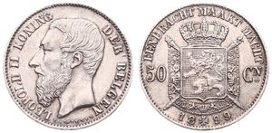 Belgium, Kingdom, Leopold II, 50 Centimes Silver 1899/86FL, Bearded head left, Morin 189, A.UNC