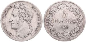 Belgium, Kingdom, Leopold I, 5 Francs Silver 1835, Laureate head left, Morin 10a (Position A), SCARCER DATE, A.VF
