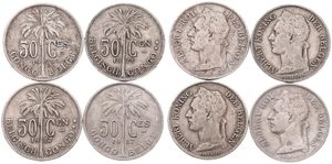 Belgian Congo, Colony, Albert I, Nice lot with 4 x 50 Centimes coins, all different dates in various grades...