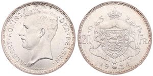 Belgium, Kingdom, Albert I, 20 Francs Silver 1934FL (Position A), Head left, Morin 308a, UNC