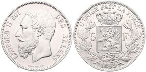 Belgium, Kingdom, Leopold II, 5 Francs Silver 1869, Bearded head left, Morin 156, XF
