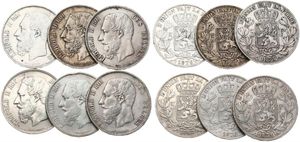 Belgium, Kingdom, Leopold II, Good lot with 6 silver 5 Francs coins, mixed dates in various grades... 